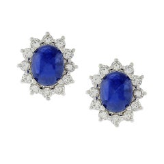 Blue Sapphire Cabochon Diamond Platinum Earrings