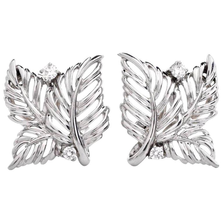 1980s Diamond Monstera Leaf Platinum Clip-On Stud Earrings