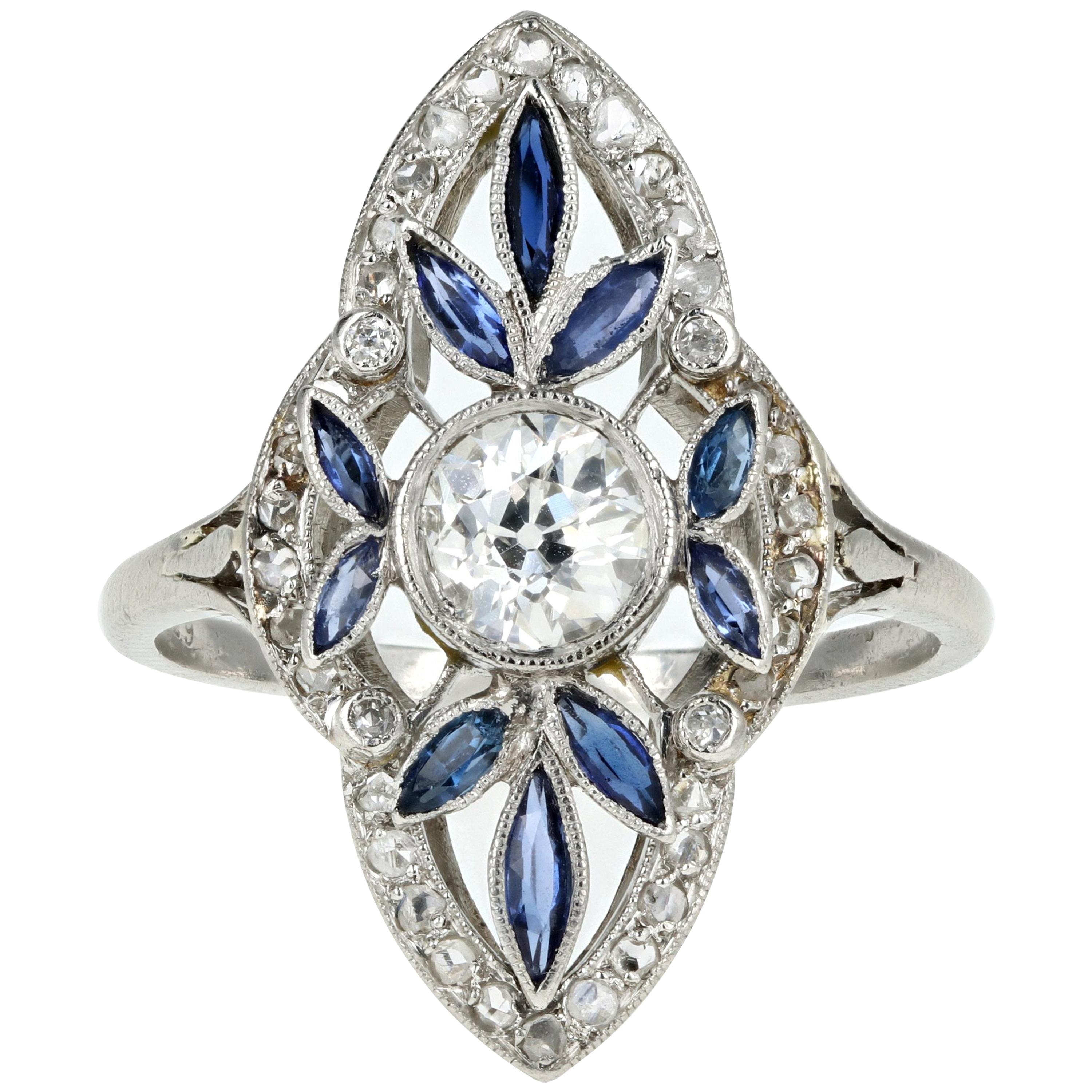 Rare Art Deco Platinum .5 Carat Old European Cut Diamond & Natural Sapphire Ring