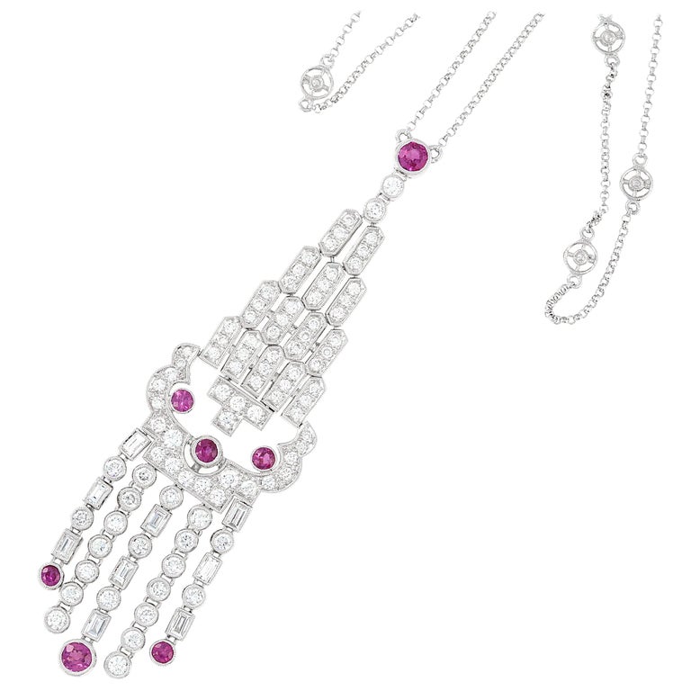 Ruby and Diamond Dangle Pendant Necklace For Sale at 1stDibs