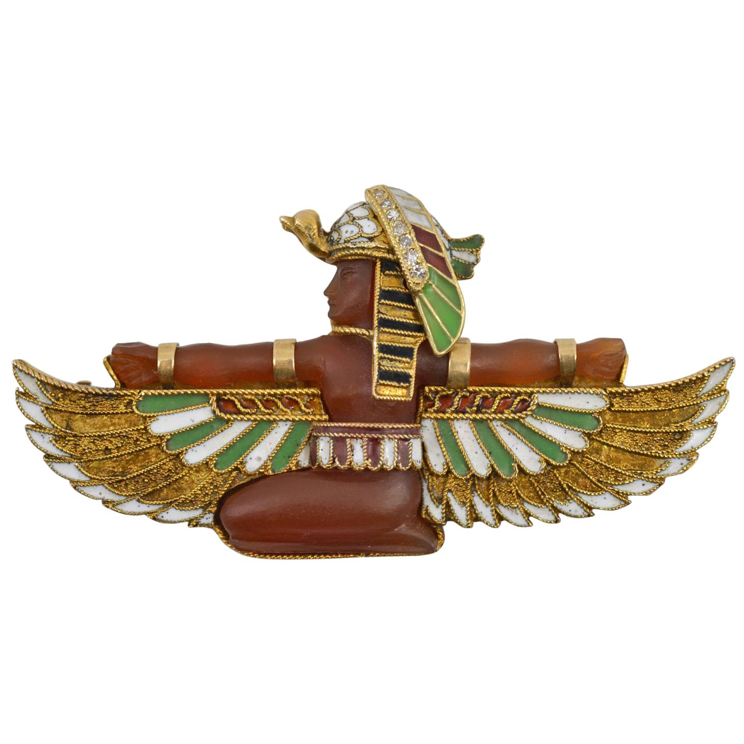 Carl Bacher Victorian Egyptian Revival Carnelian Enamel and Diamond Pharaoh Pin For Sale