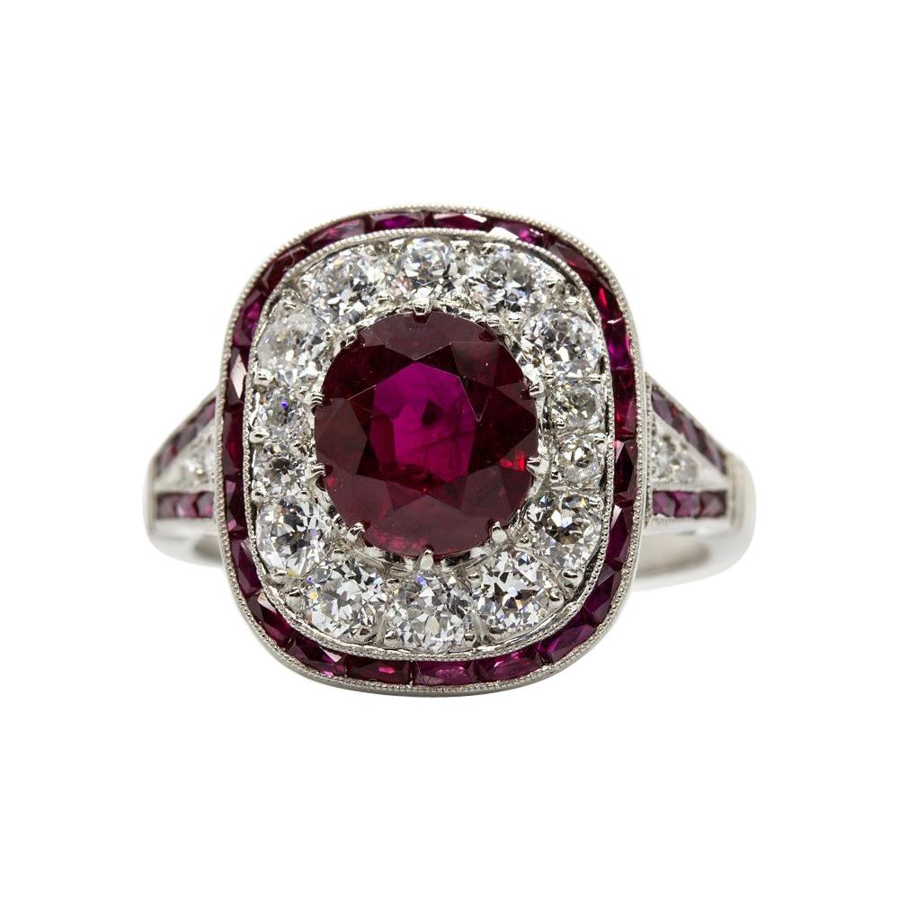 Art Deco Platinum Gia Certified Ruby, Antique Diamond and French Cut Ruby Ring