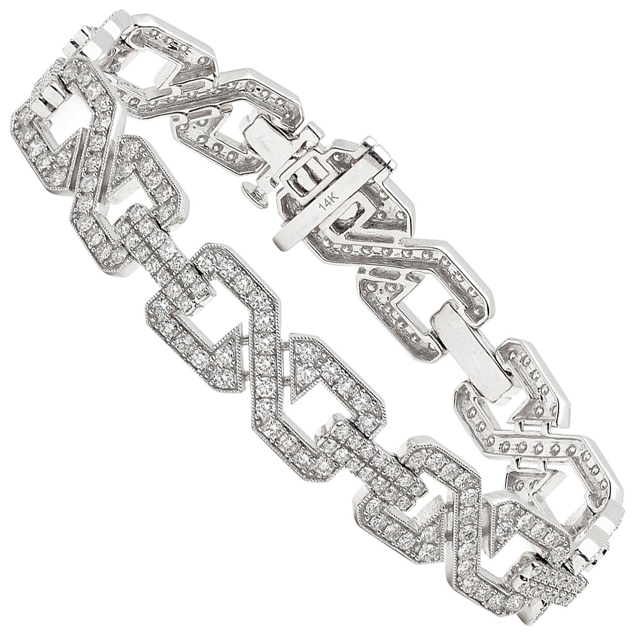 Art Deco Style Diamond and 14 Karat White Gold Link Bracelet