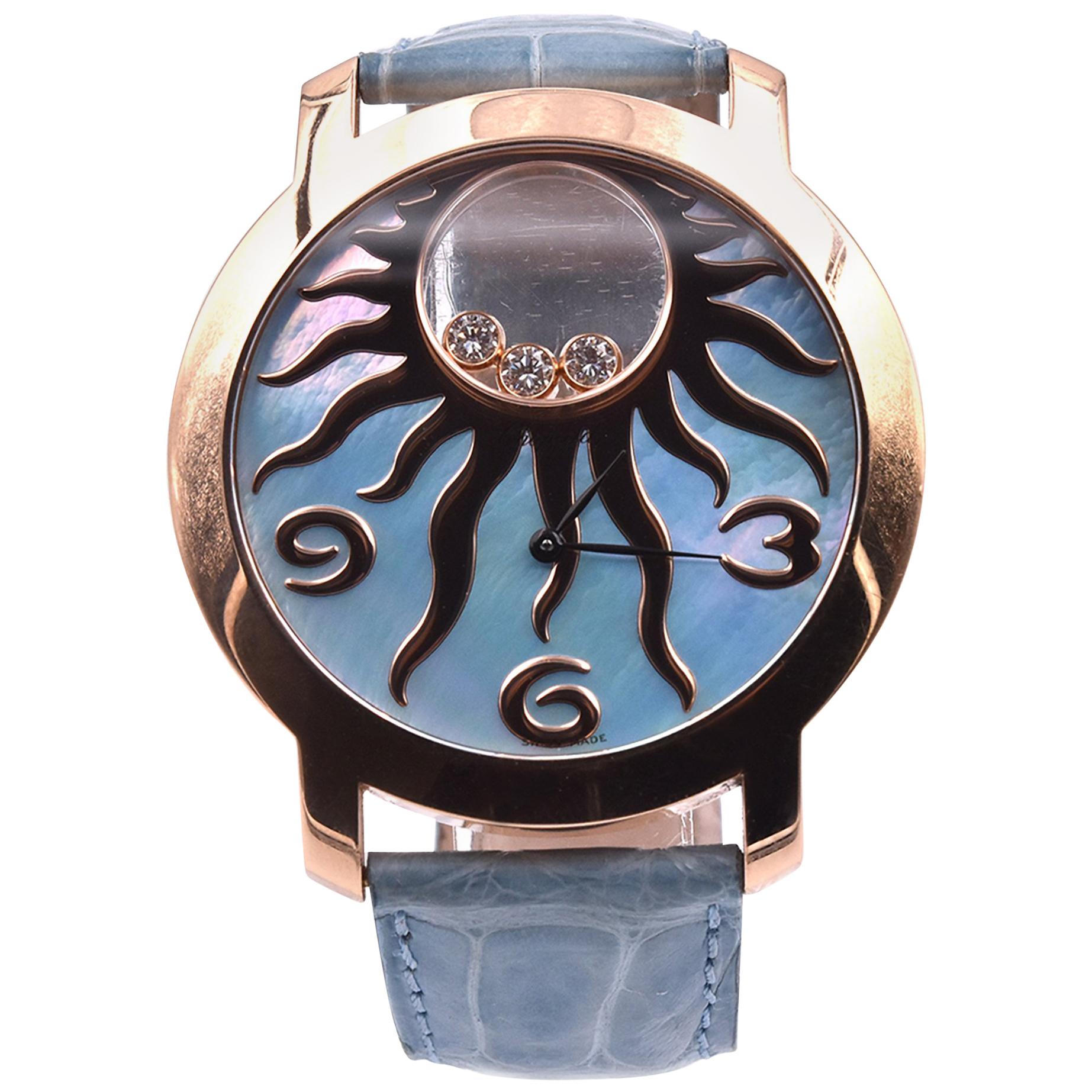 Chopard 18k Rose Gold Happy Sun with Blue Mop Dial Watch Ref. 2074694176