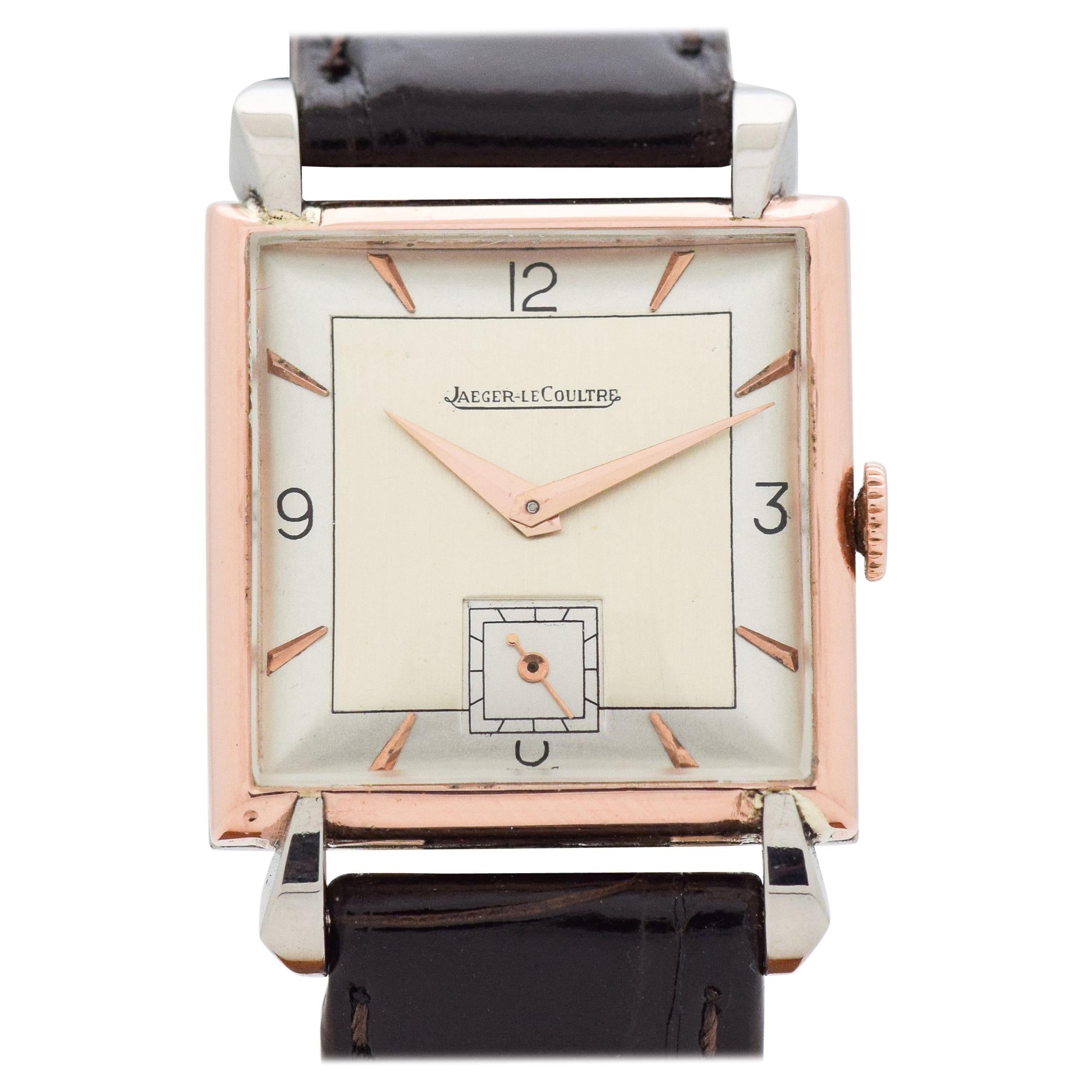 Vintage Jaeger-LeCoultre Square-Shaped Watch in 14 Karat Gold and Steel, 1940s For Sale