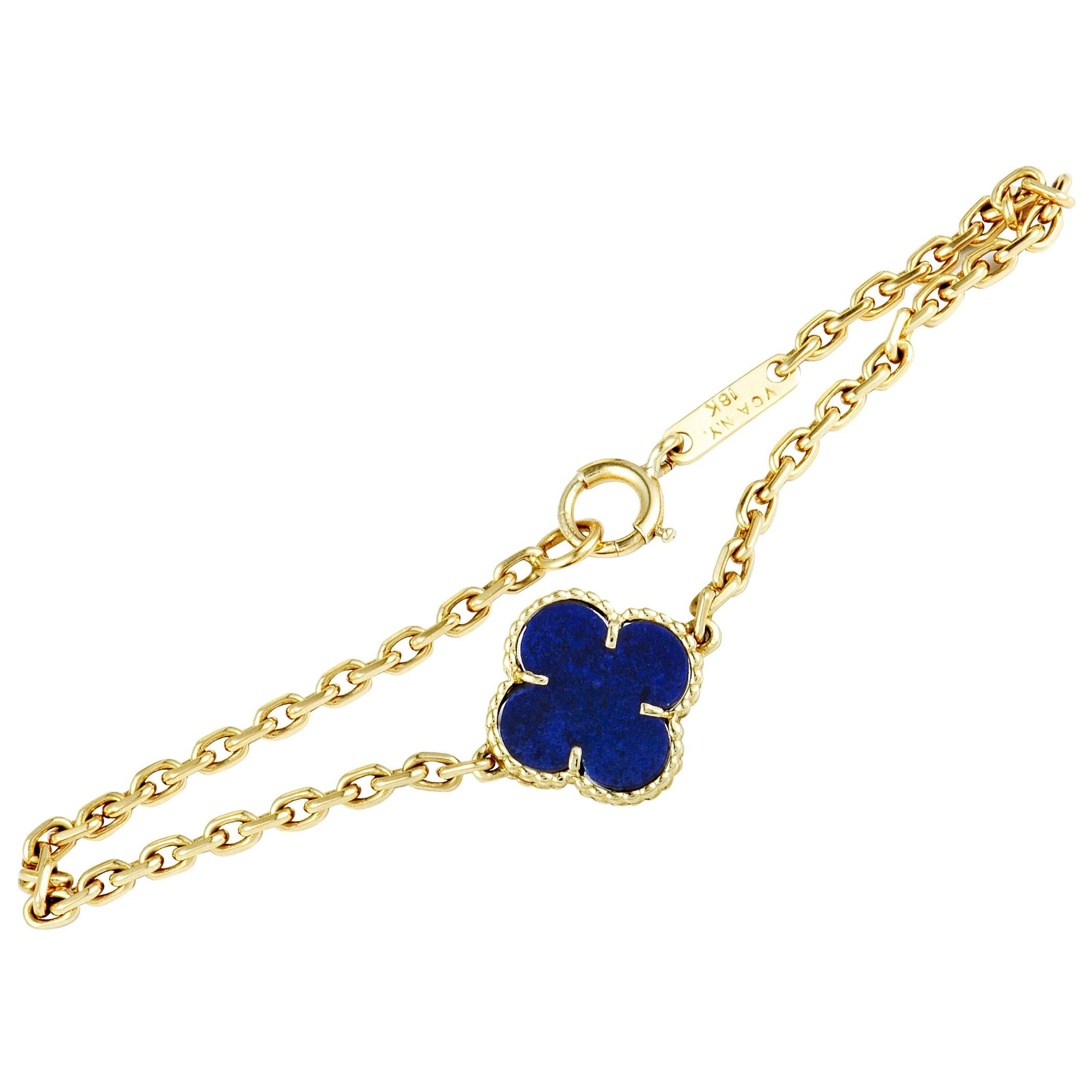 Van Cleef & Arpels Vintage Alhambra Lapis Lazuli Yellow Gold 1 Motif Bracelet