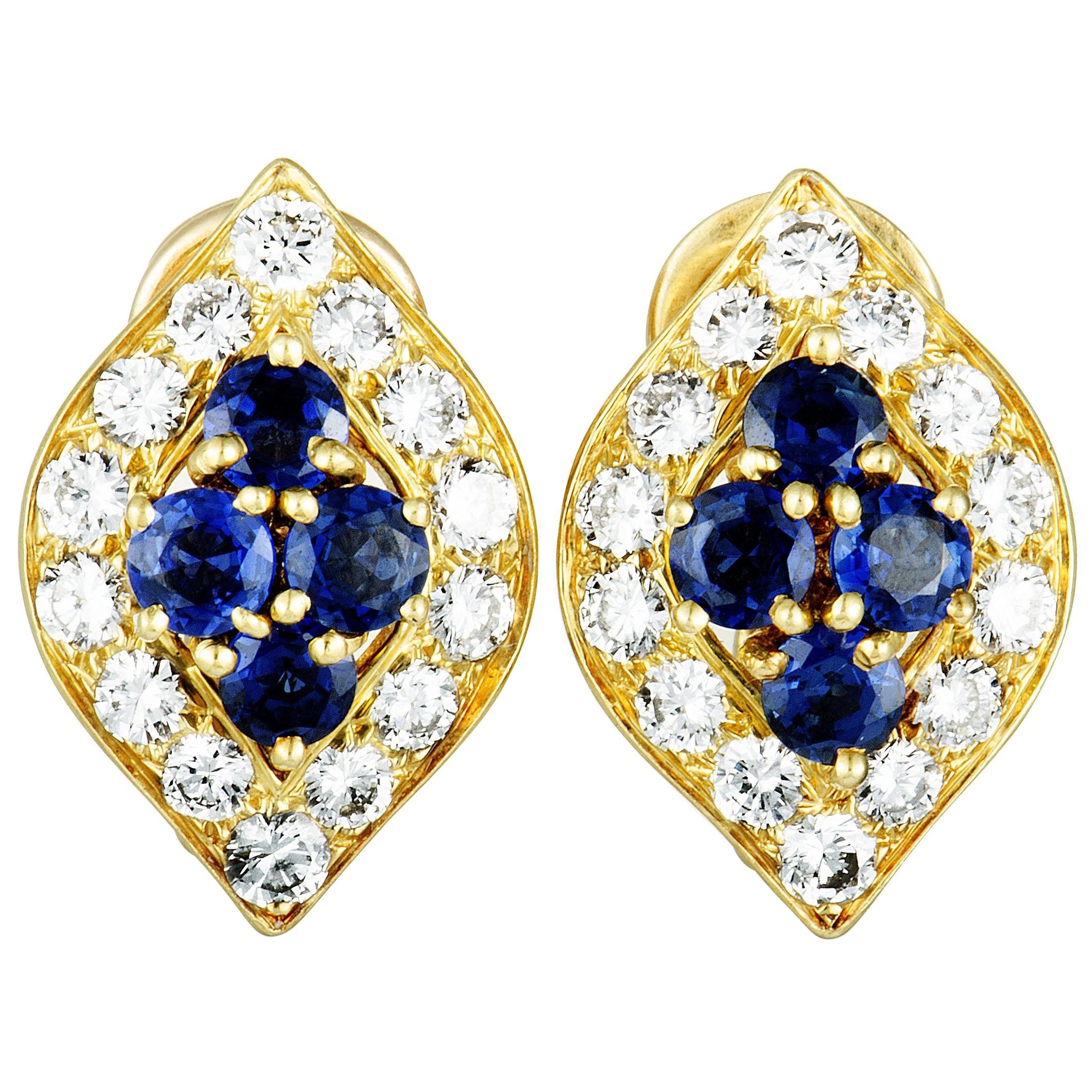 Van Cleef & Arpels Vintage Diamond and Sapphire Yellow Gold Clip-On Earrings