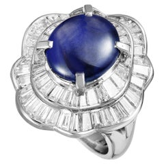 Platinum Tapered Baguette Diamonds and Star Sapphire Large Oval Ring