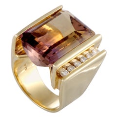 14 Karat Yellow Gold Diamond and Rectangle Ametrine Ring