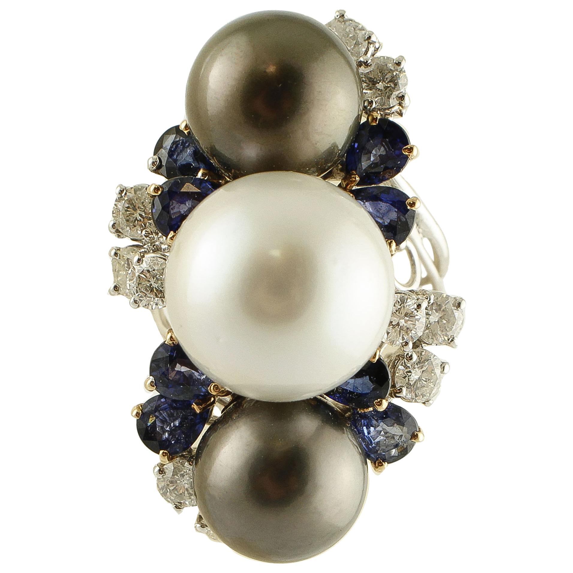 South Sea White and Grey Pearls, Diamonds, Blue Sapphires, White Gold Ring