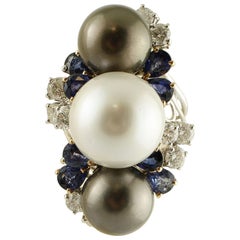 Retro South Sea White and Grey Pearls, Diamonds, Blue Sapphires, White Gold Ring