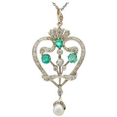 Antique Victorian 1.05 Carat Emerald 1.04 Carat Diamond Pearl Gold Pendant Brooch