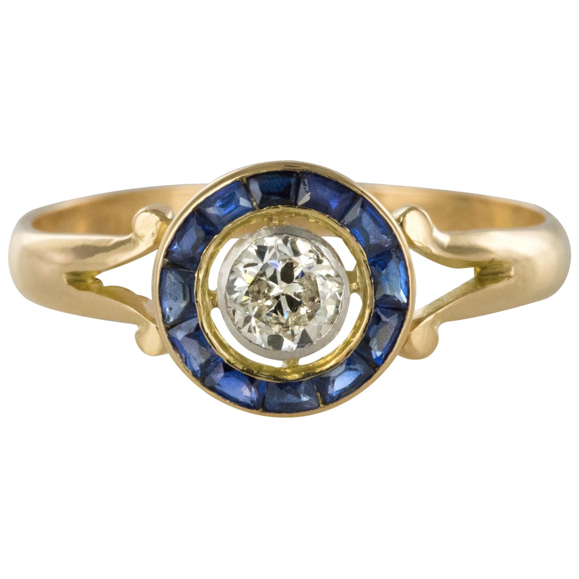 French 1920s Calibrated Sapphires Diamond Yellow Gold Ring