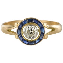 Antique French 1920s Calibrated Sapphires Diamond Yellow Gold Ring