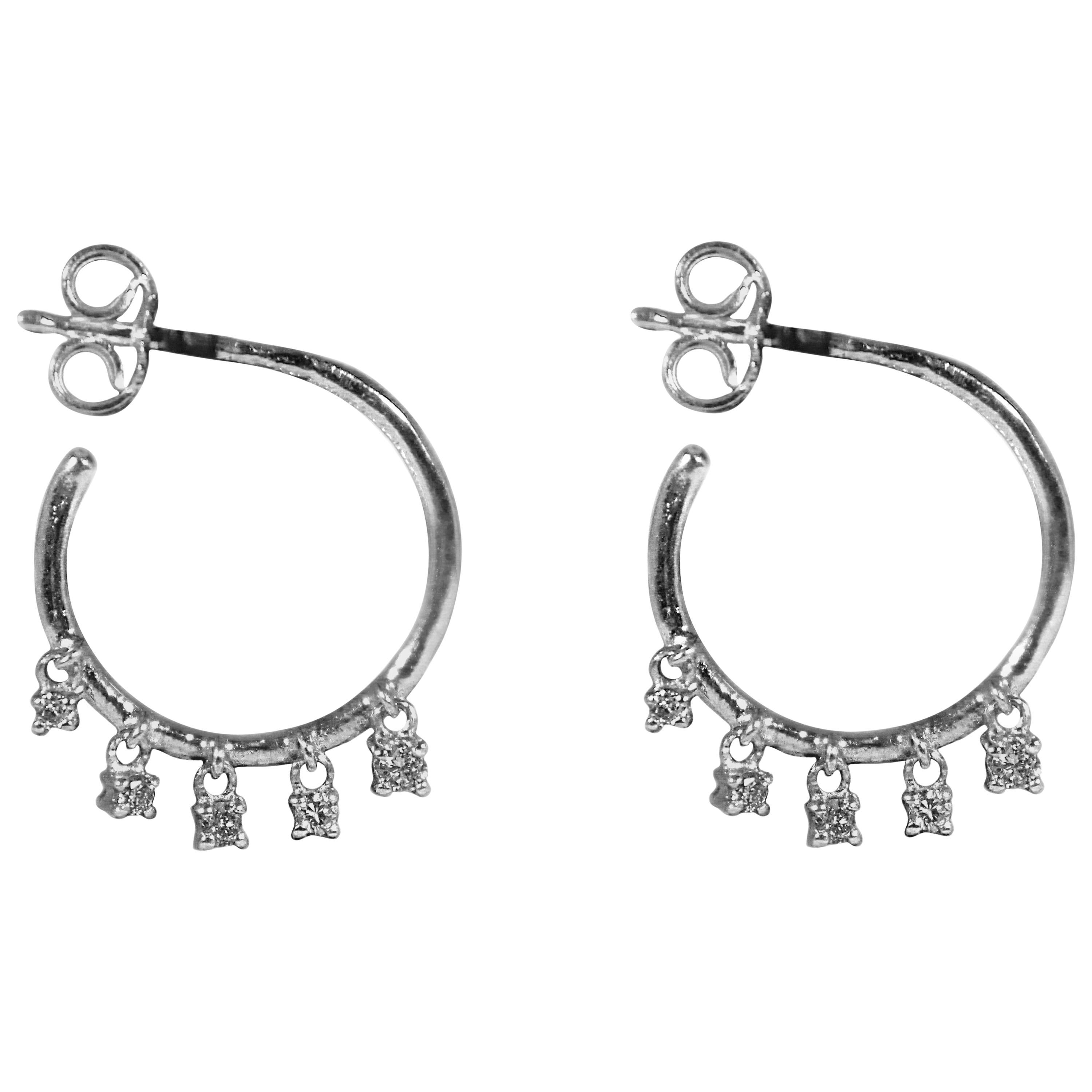 White Gold Circlet with 5 Hanging Diamonds Earrings For Sale