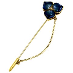Vintage 18 Karat Yellow Gold Brooch with Enameled Flower and Diamond Centre