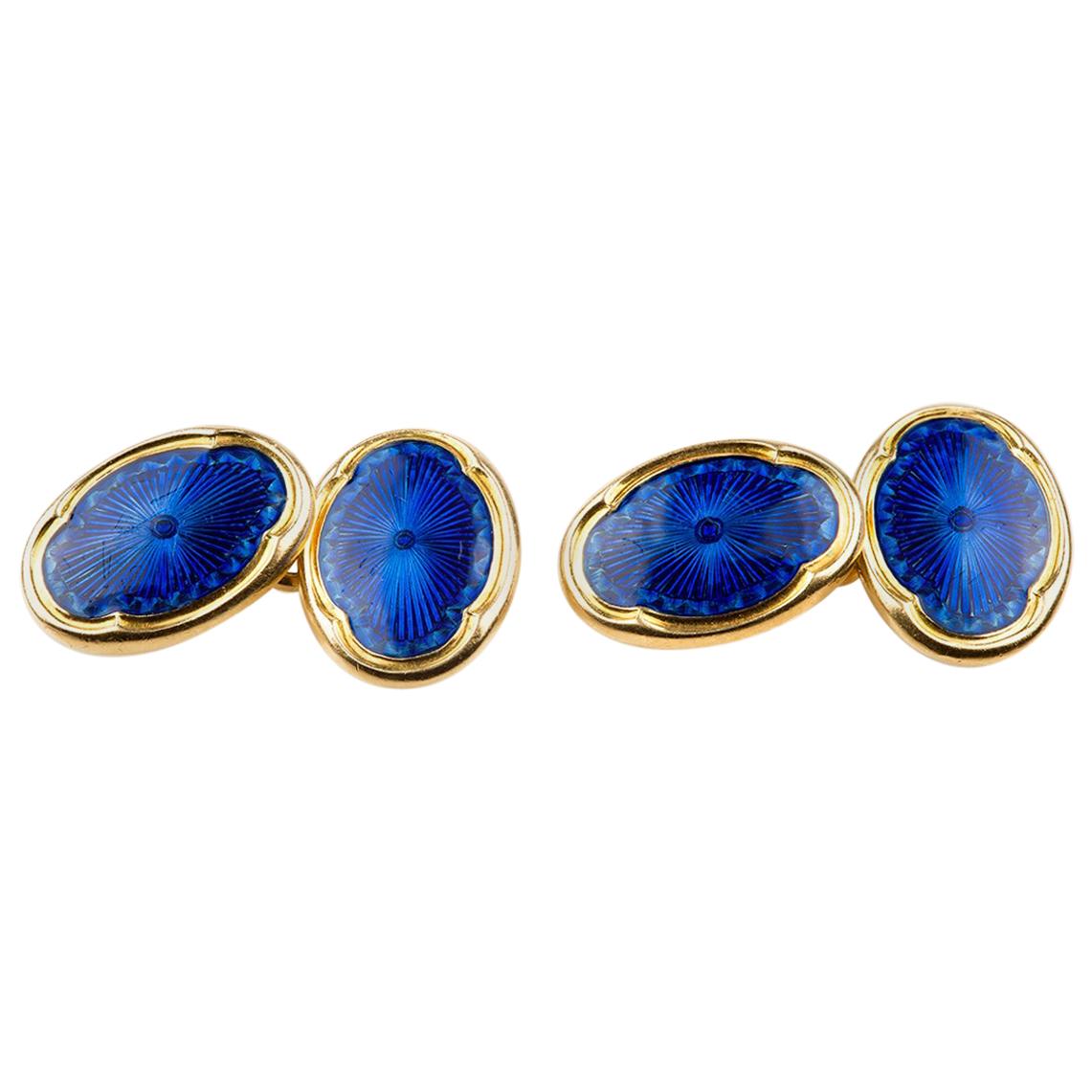 Deakin & Francis Cufflinks in 18 Carat Gold and Blue Enamel, English 1909 For Sale