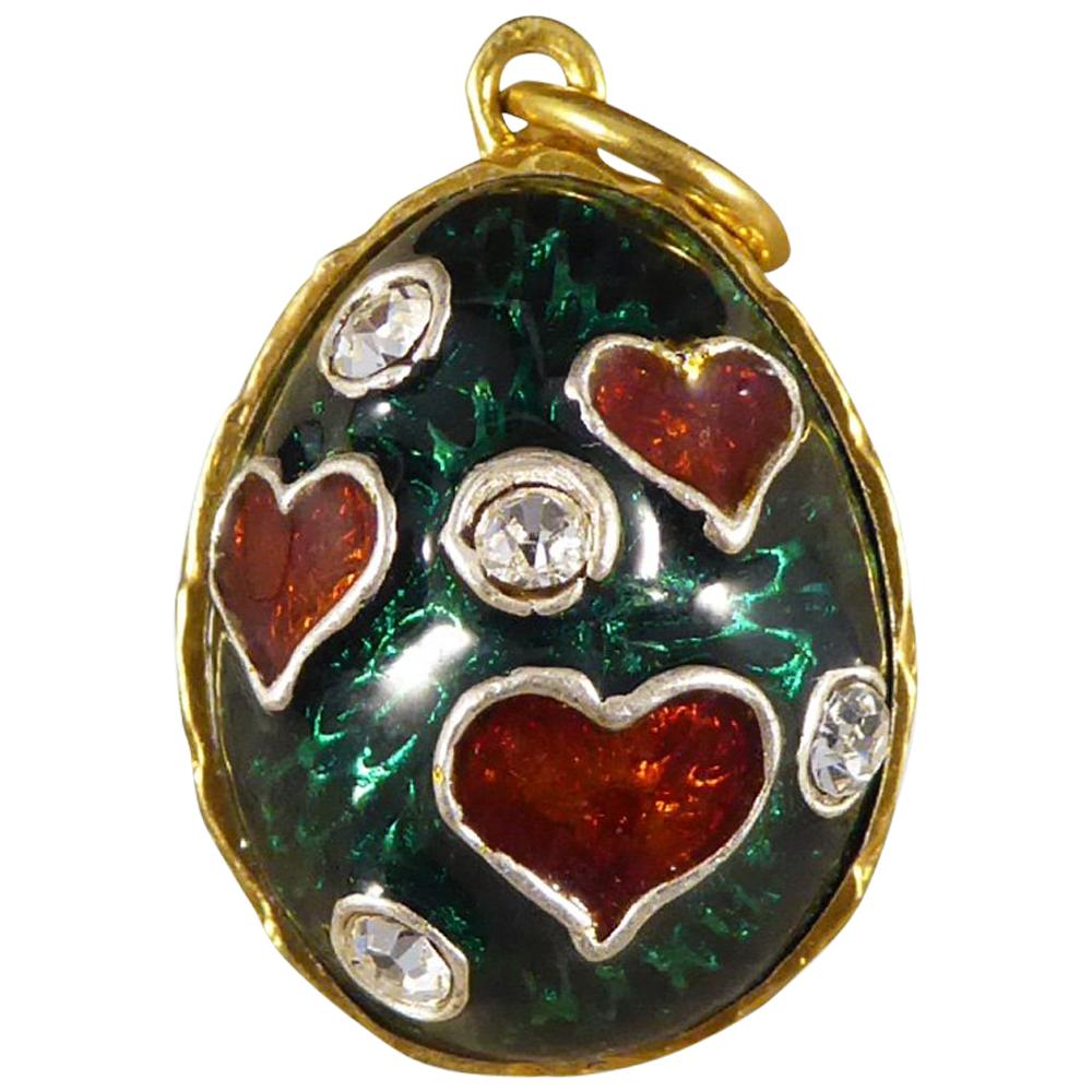Vintage Green and Red Heart Silver Gilt Pendant Charm