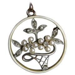 Diamond Platinum Pearl Enamel Flower Basket Necklace Antique Edwardian Victorian