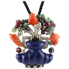 Lapis, Diamonds, Emeralds, Rubies, Sapphires, Coral, Gold Flower Vase Brooch