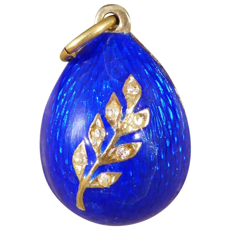 Blue Enamel Vintage Russian Egg Pendant in Silver Gilt