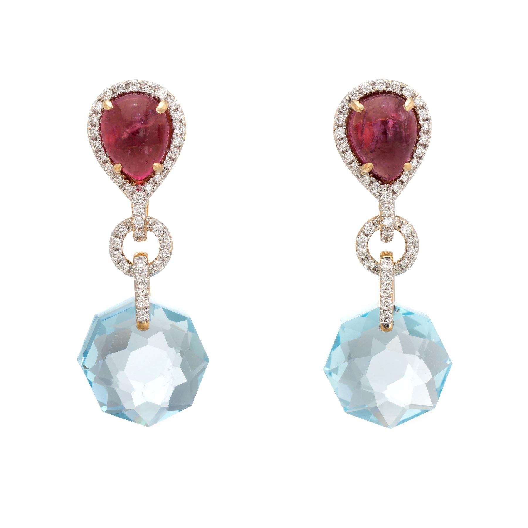 Estate Diamond Earrings Pink Tourmaline Blue Topaz 18 Karat Gold Drop Jewelry