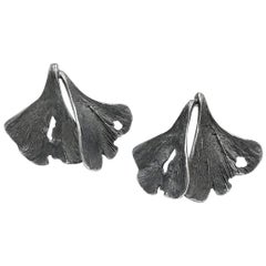 John Iversen Double Ginkgo Leaf Oxidized Sterling Silver Clip Earrings