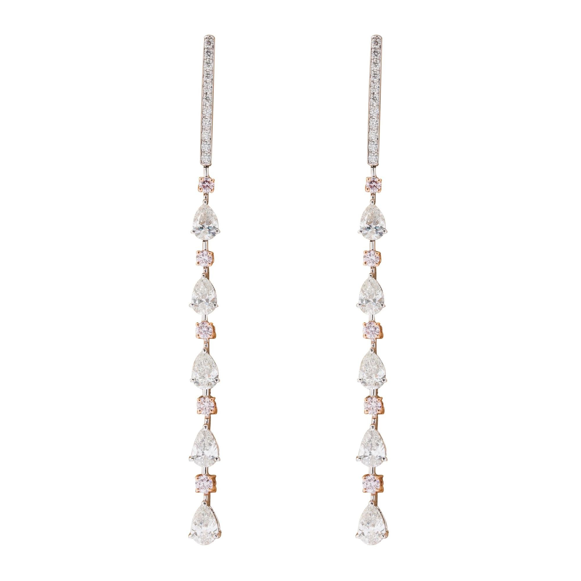 3.14 Carat Pear Shaped Diamonds with .55 Carat Pink Diamond Earrings '18 Karat' For Sale