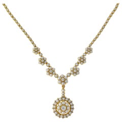 Antique Victorian English Natural Pearl and Diamond Removable Pendant Necklace in Box