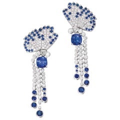 Blue Sapphire Diamond Drop Earrings 18 Karat White Gold