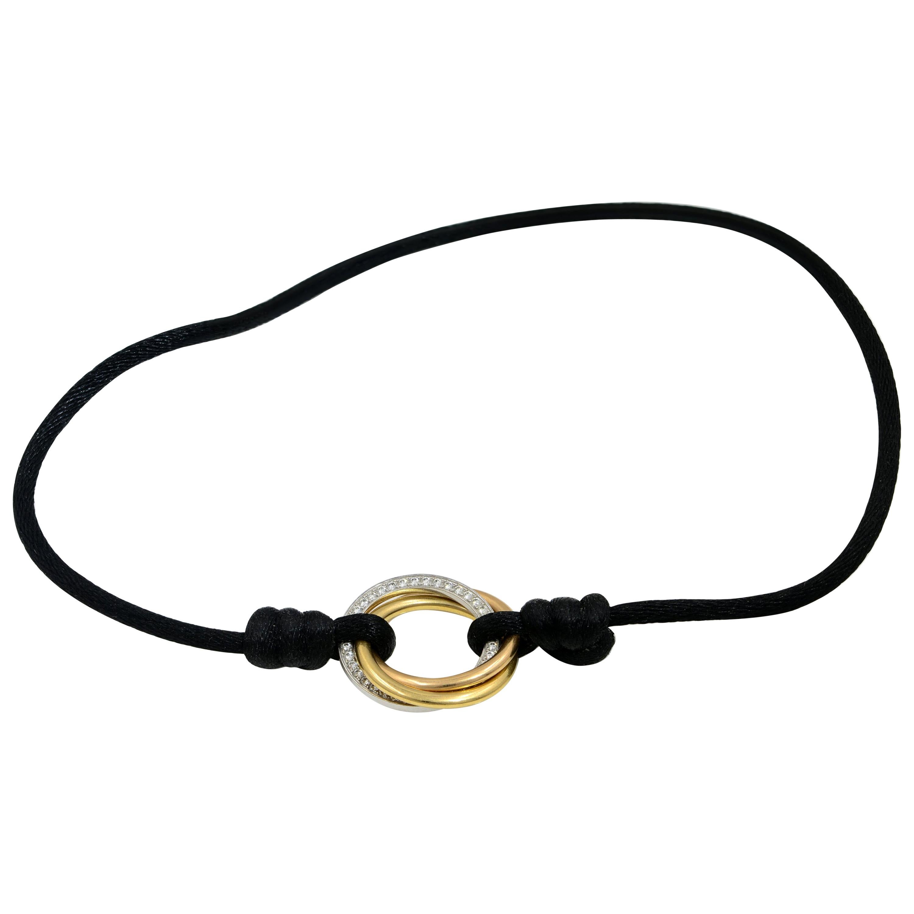 Cartier Trinity Bracelet Black Silk Cord 18k Gold Estate Jewelry