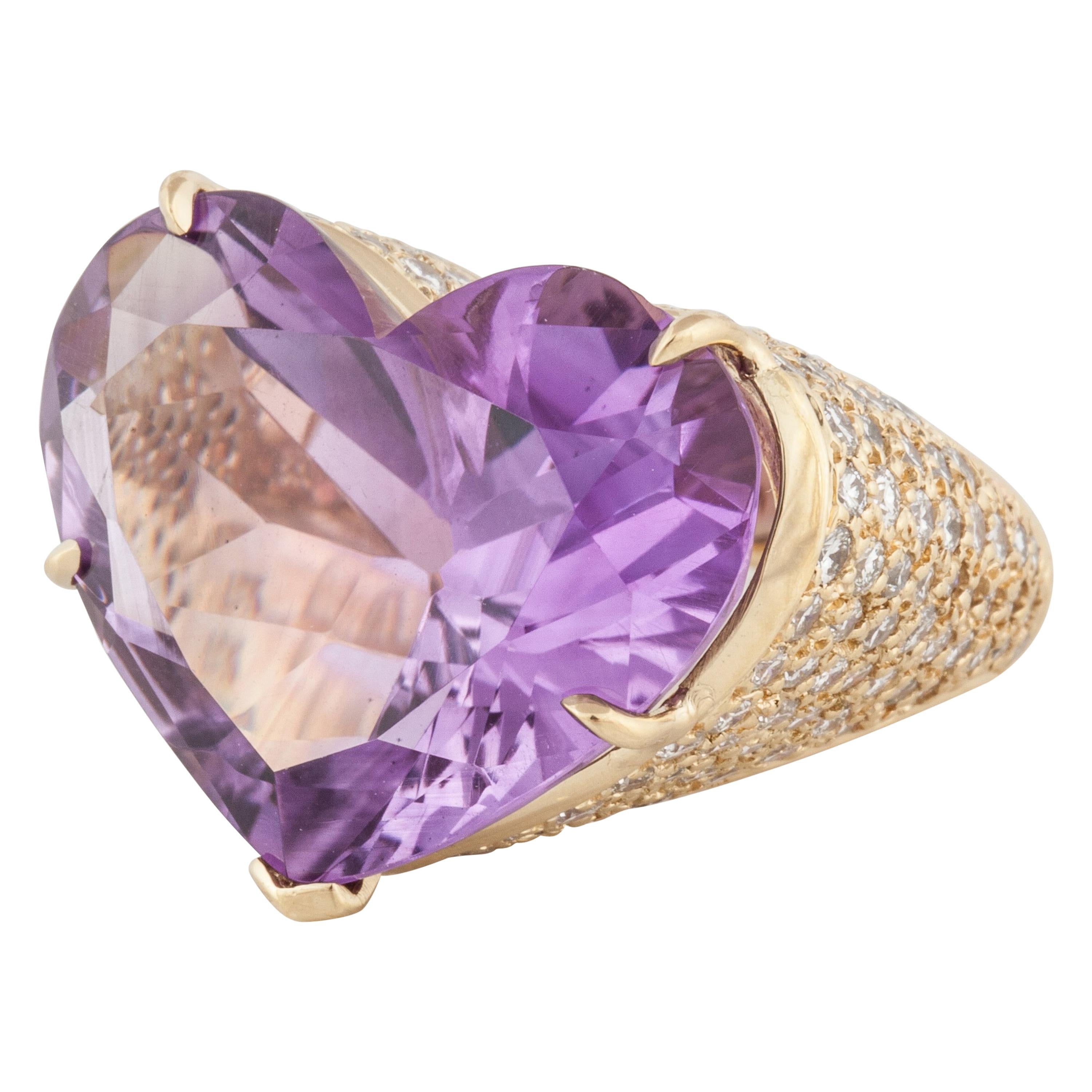 Heart Shaped Amethyst and Diamond Ring in Yellow Gold