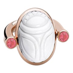 Scarab Ring 18 Carat Rose Gold, 1 Cacholong 18.79 Carat, 2 Spinels 0.57 Carat