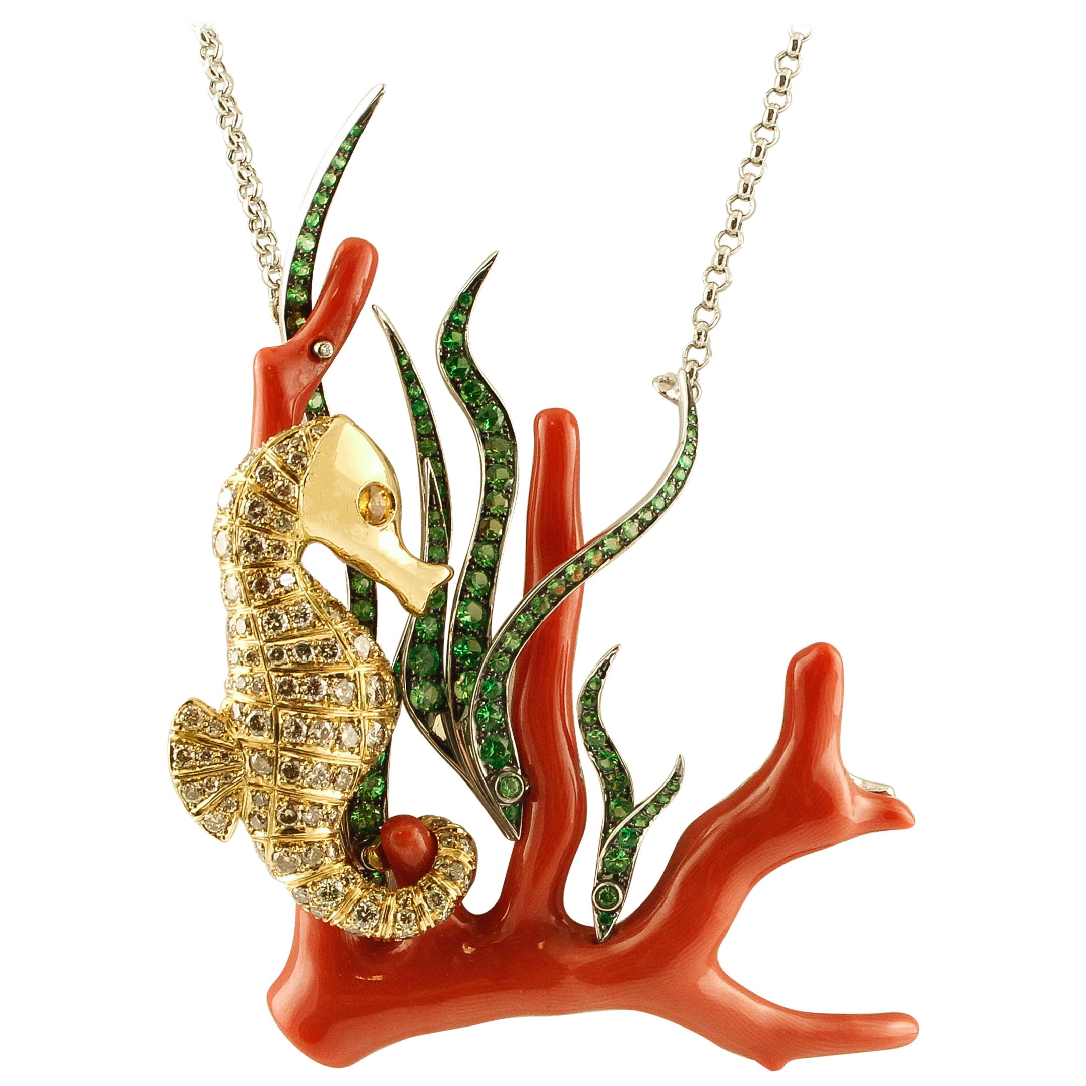 Red Coral Branch, Diamonds, Sapphire, Tsavorite, 18 kt  Gold Pendant