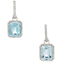 Estate Blue Topaz Diamond Earrings Square Drop 14 Karat White Gold Fine Jewelry
