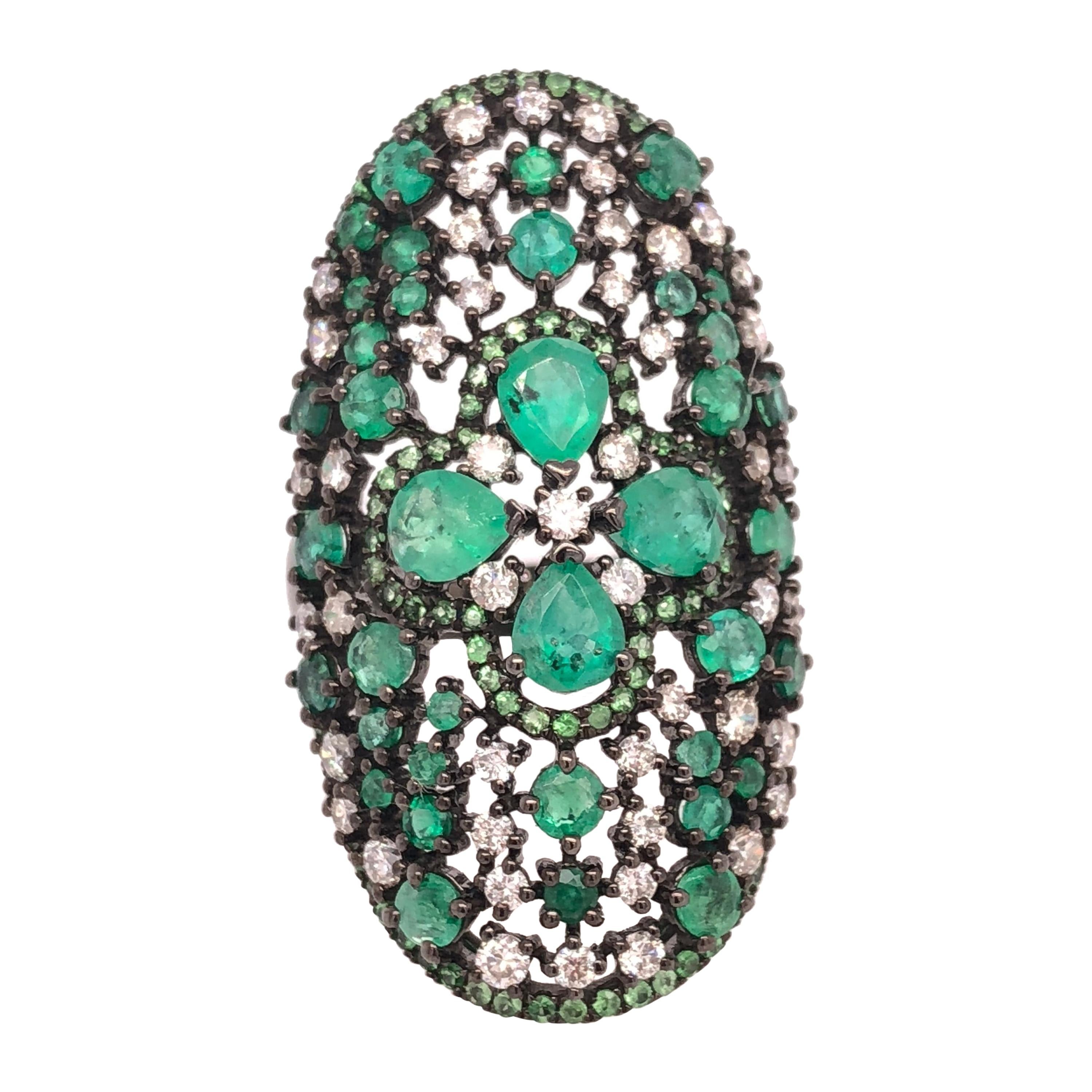 Ruchi New York Emerald, Diamond and Green Garnet Cocktail Ring For Sale