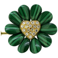 Vintage 18 Karat Yellow Gold Flower Brooch with Malachite and Diamonds, 1970s