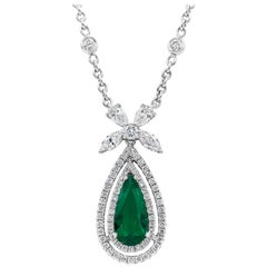 Roman Malakov, Pear Shape Colombian Emerald and Diamond Halo Pendant Necklace