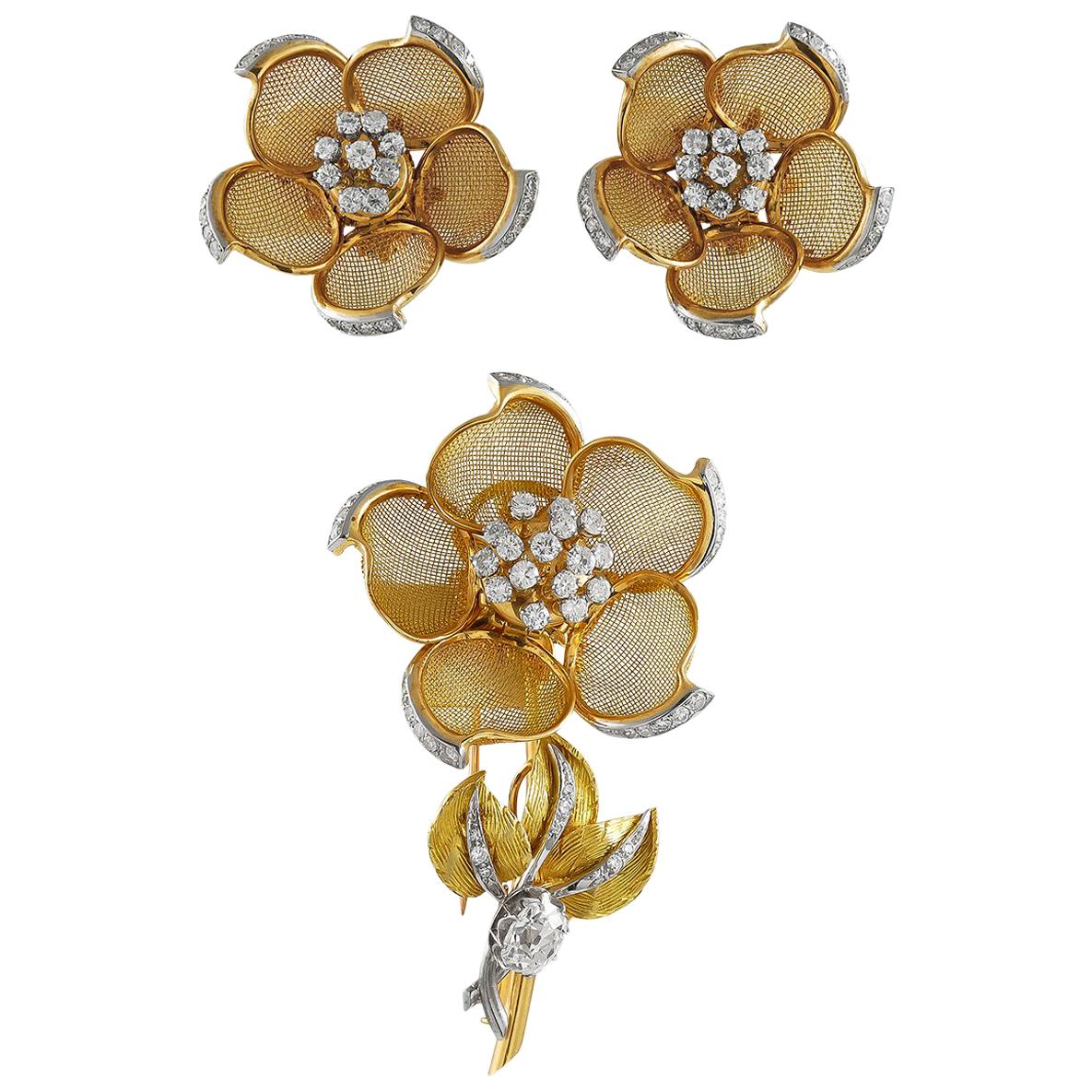 18 Karat Yellow Gold Diamond Mesh Flower Brooch, Earrings