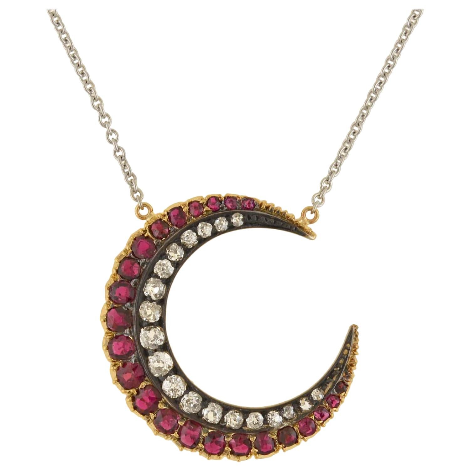 Victorian Burmese Ruby and Diamond Crescent Pendant Necklace