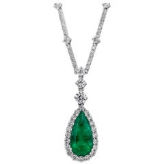 2.49 Carat Pear Shape Colombian Emerald and Diamond Halo Pendant Drop Necklace