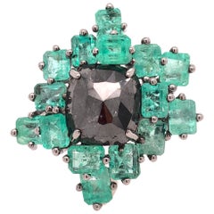 Ruchi New York Black Diamond and Emerald Cluster, Cocktail Ring