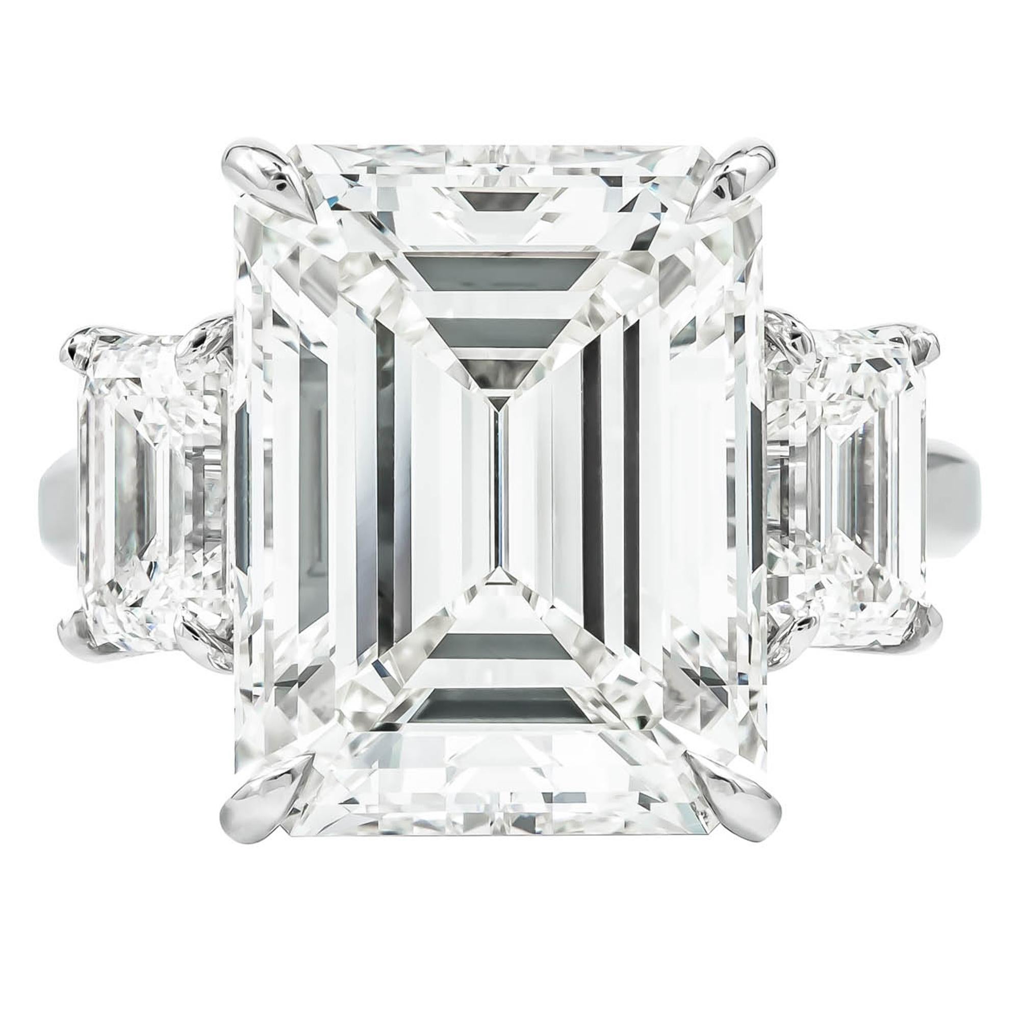 10.95 Carat Emerald Cut GIA Diamond Three-Stone Ring Platinum For Sale