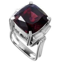 Tapered Baguette Diamonds and Square Cushion Garnet Platinum Ring