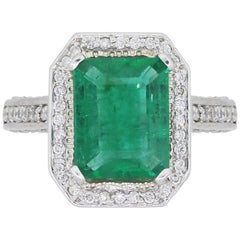 4.16 Carat Emerald and Round Brilliant Diamond Pave Engagement Ring