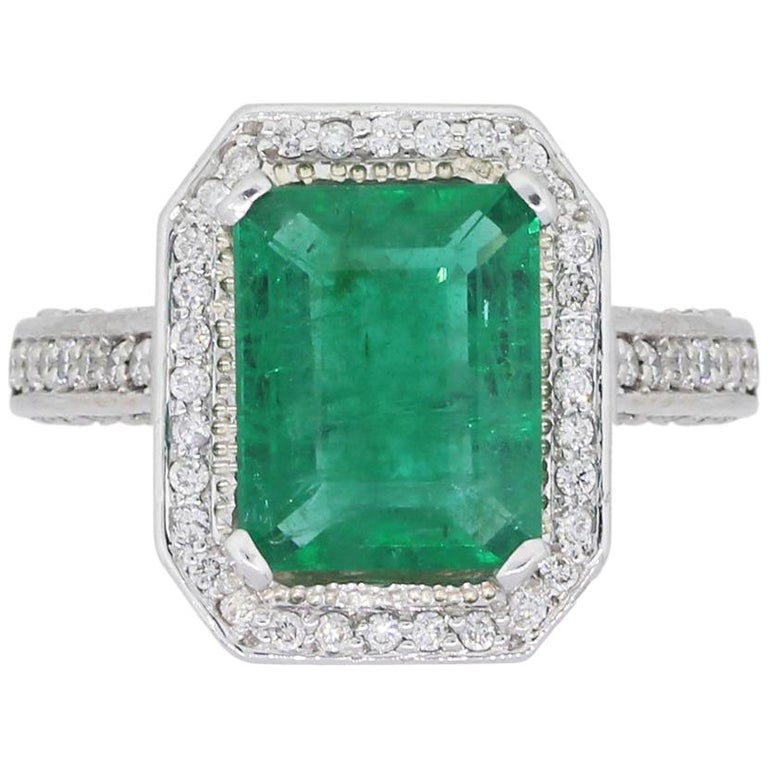 4.16 Carat Emerald and Round Brilliant Diamond Pave Engagement Ring For ...