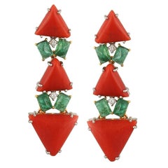 Set in 18K yellow & white gold, natural Coral, Emerald & Diamond dangle earrings