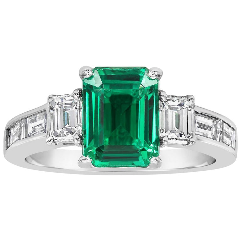Roman Malakov, Emerald Cut Emerald and Diamond Three-Stone Engagement Ring For Sale