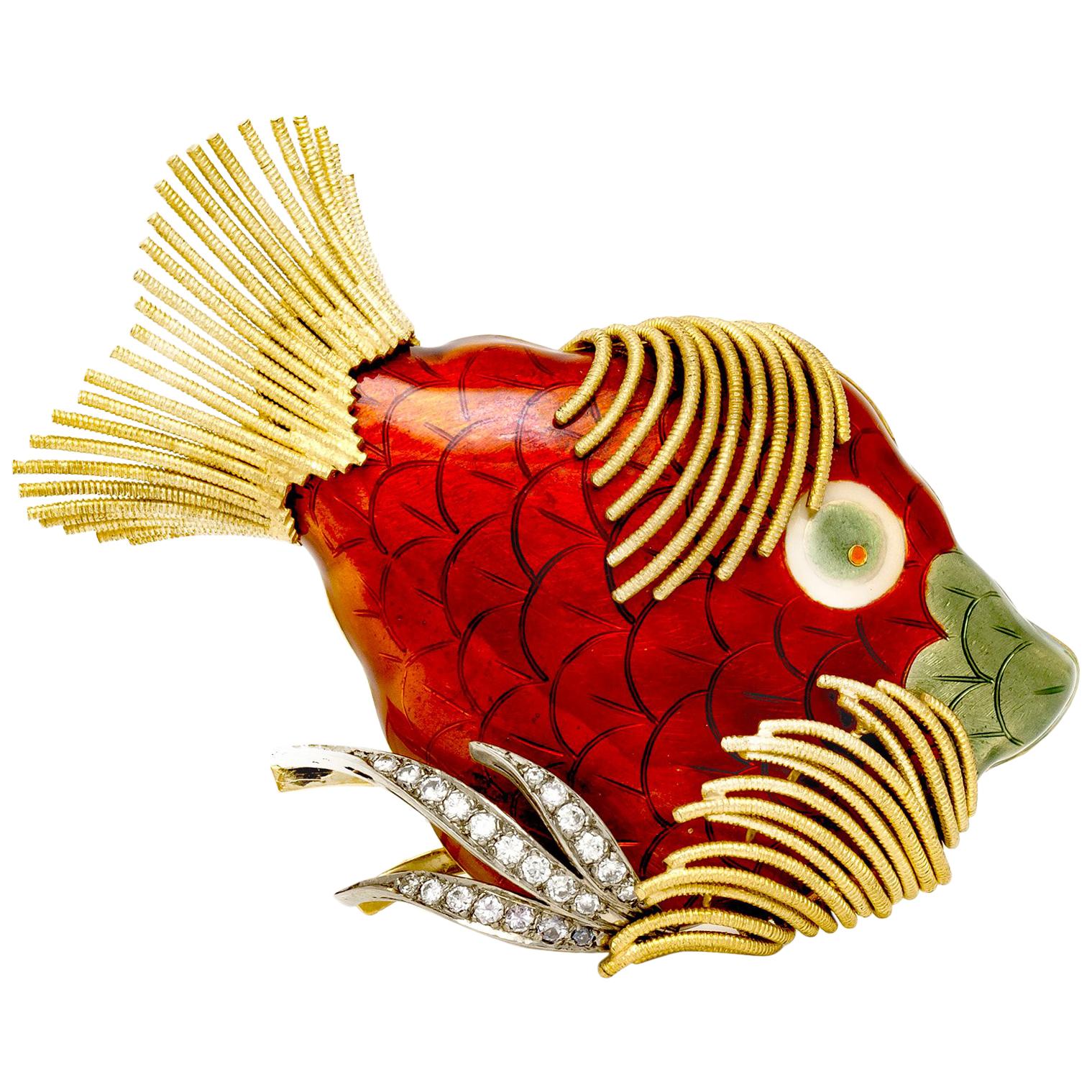 Enamel Fish Brooch with Diamond