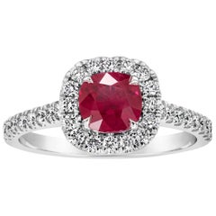 Roman Malakov 1.15 Carat Cushion Cut Burma Ruby Diamond Halo Engagement Ring